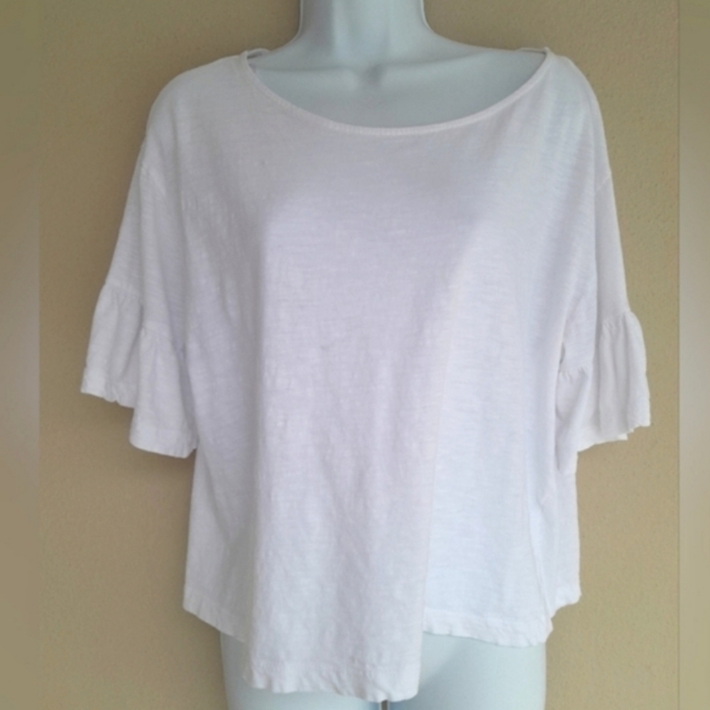 Zara White Ruffle Sleeve Tee 100% Cotton Large